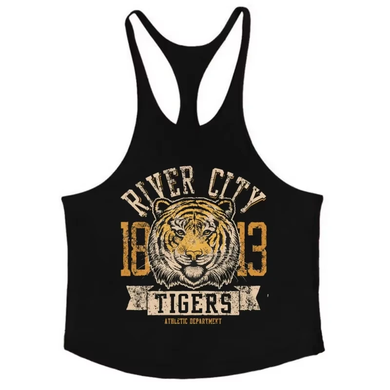 2026 Men Summer Y-Back Stringer Tank Tops Tiger Graphic Print Breathable Cotton Sleeveless Vest for Gym Bodybuilding Workout