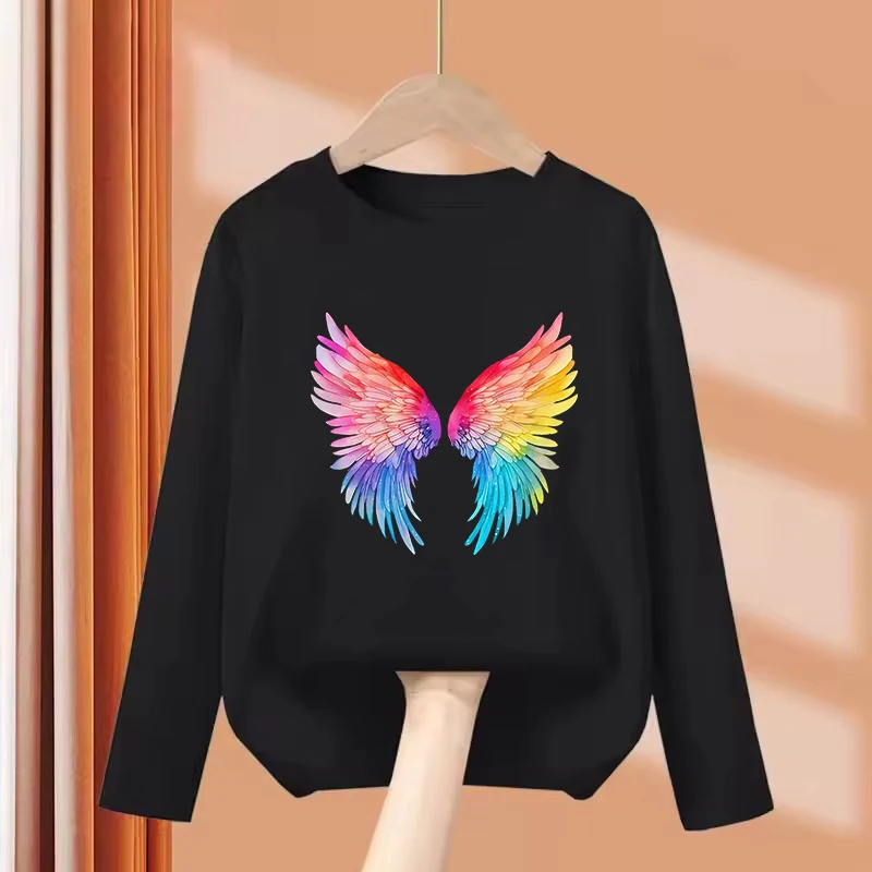 Fashion Colorful Wing T Shirts Graphic Long Sleeve Kids Children's T-shirt Boys Girls Summer Spring Casual Top Tee Shirt
