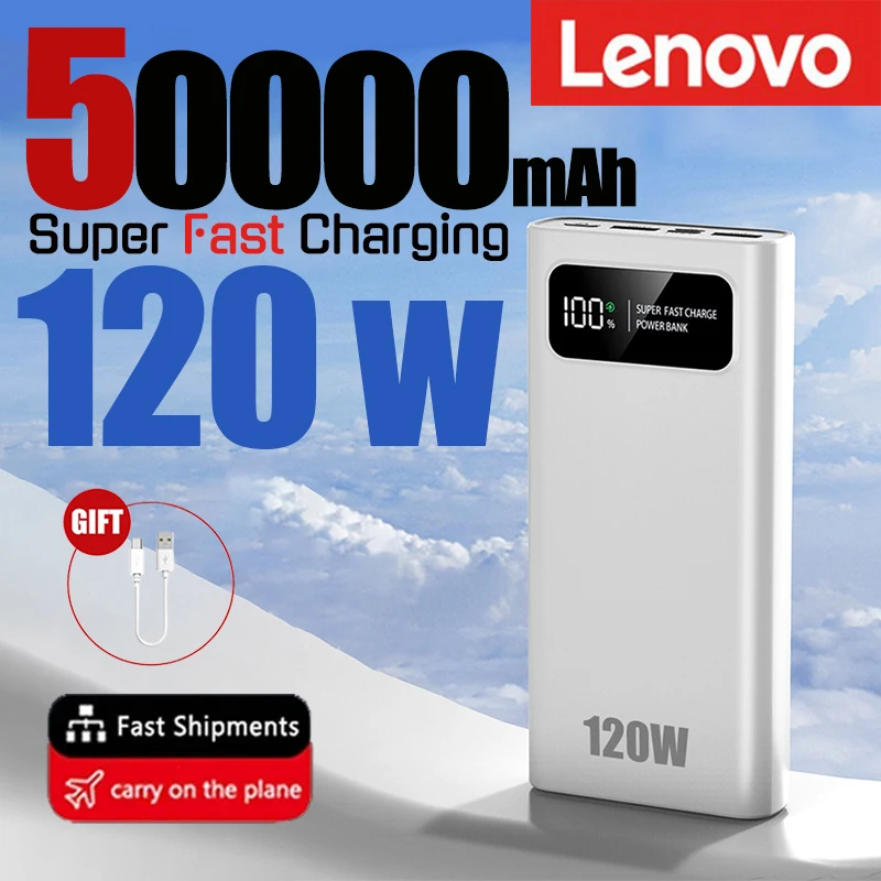 Lenovo 50000mAh 120W Power Bank Super szybkie ładowanie baterii o dużej pojemności cyfrowy wyświetlacz przenośny dla Iphone Samsung Xiaomi