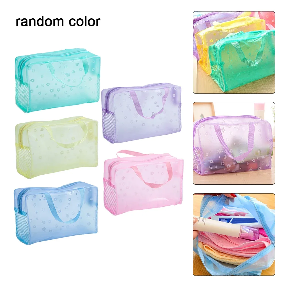 1pc Floral Waterproof Cosmetic Bag Toiletries Bath Product Travel PVC Translucent Storage Bag Random Color Home Storage Bag