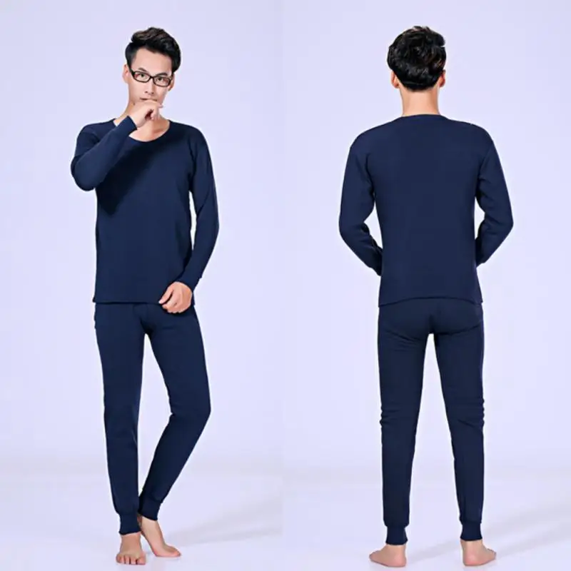 2023 Men Winter Thermal Underwear Set Seamless Solid Color Long Johns Suit Male Warm Round Neck Tops+Pants Long Trousers Suit