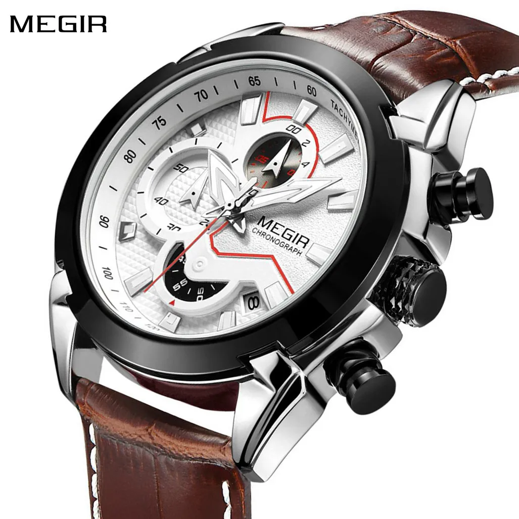 MEGIR Military Sport Watches for Men Top Brand Luxury Leather Strap Quartz Wristwatch Male Clock Chronograph Reloj Hombre 2065