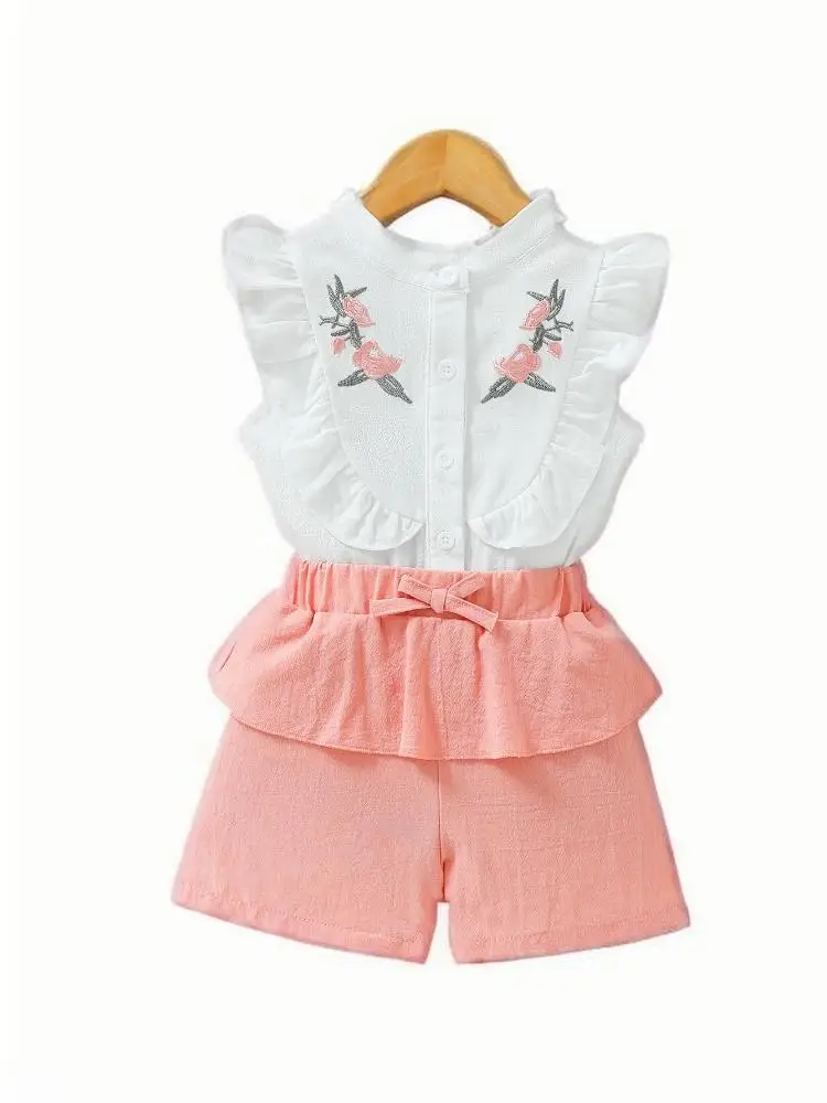 

Summer New Baby Girl Embroidered Flying Sleeves+Ruffle Pants Set