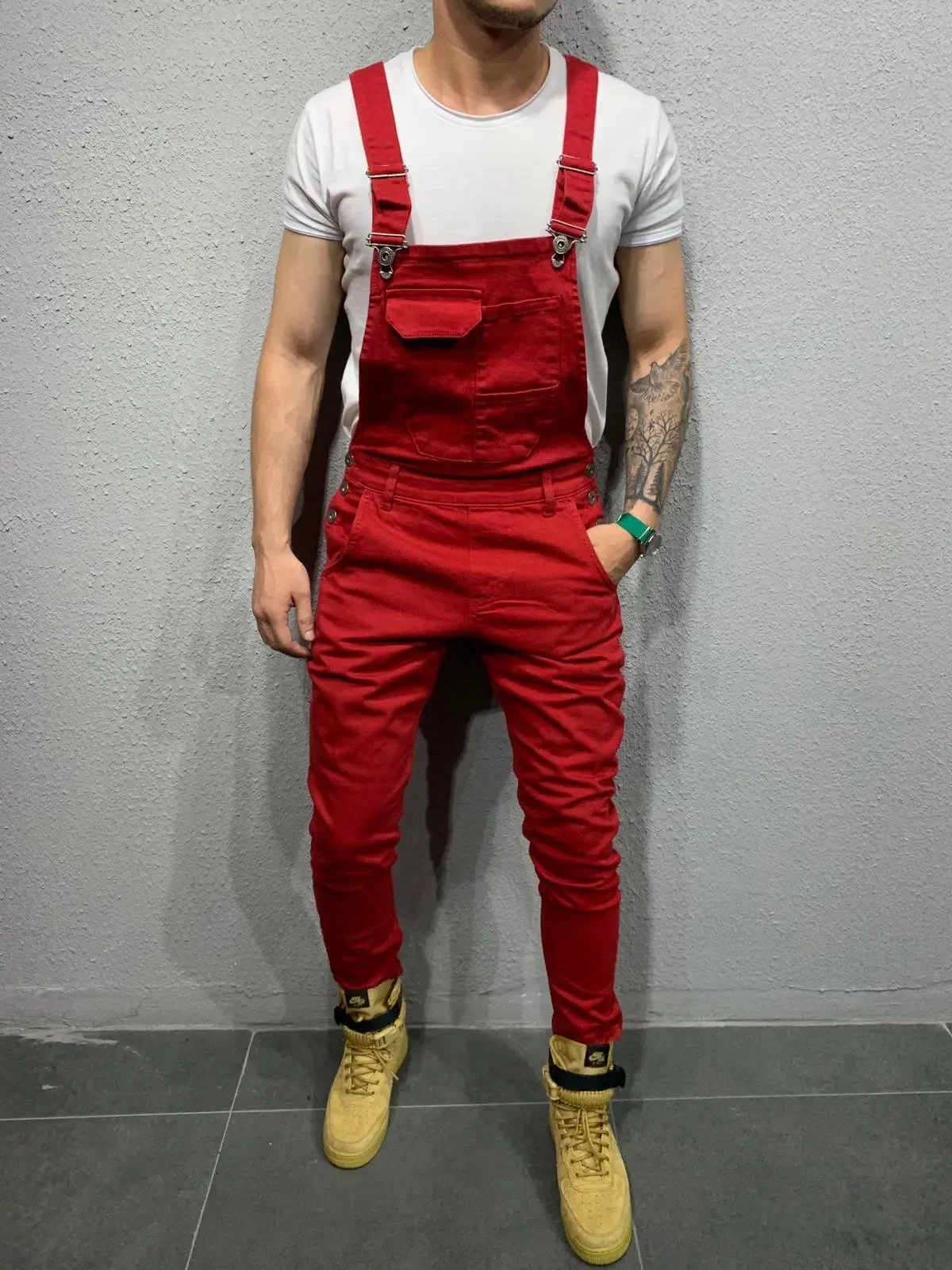 Men Denim Overalls Washed Pencil Ankle Length Trousers Slim Fit One Piece Jeans Pockets Casual Jumpsuit Vintage Suspenders