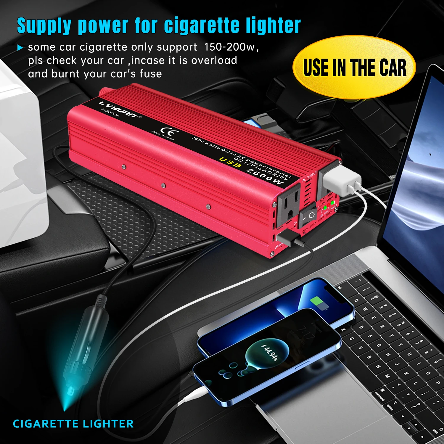 1500W/2000W/2600W Car Inverter DC12V AC110V Power Inversor Portable Outdoor Charger Adapter For Phone/Laptop/Camera US Socket