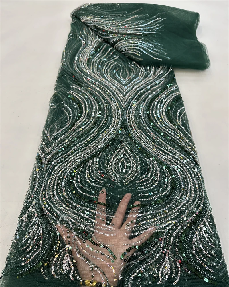 

Green High Quality African Lace Fabric Sequins Mesh Luxury Heavy bead Embroidered Tulle Fabric for Sewing Dresses