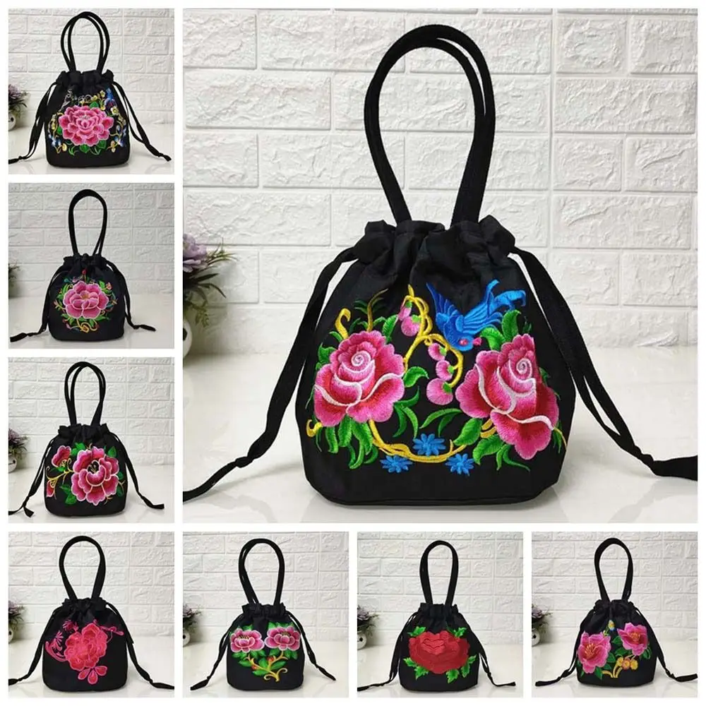 Cetim seda hanfu drawstrings saco, estilo étnico, rosa flor bordada, flor bolsa, coreano armazenamento, telefone bolsa carteira pequena