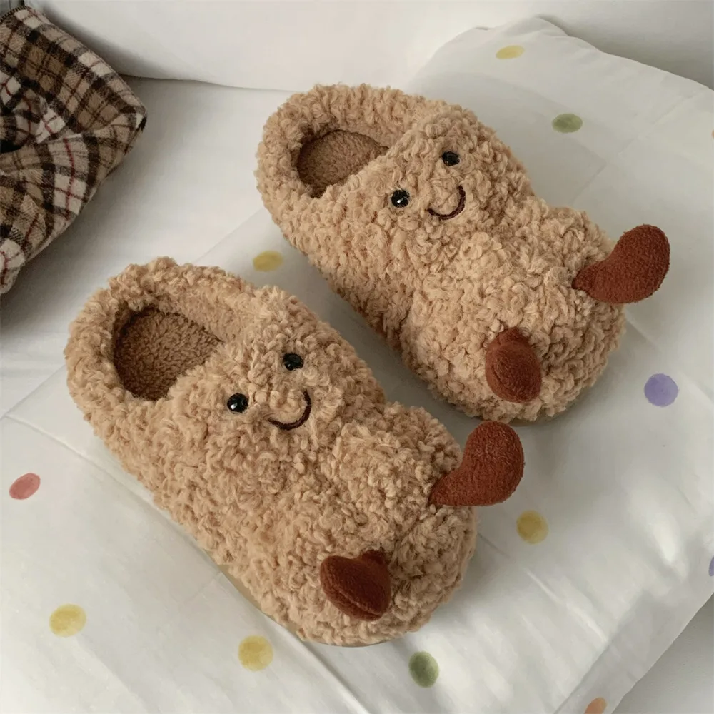 Nuevas zapatillas de invierno de dibujos animados divertidas de maní cálidas de felpa moda interior casual cómodo antideslizante zapatos de algodón para el hogar