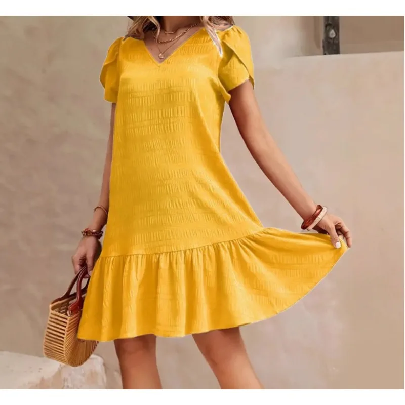 

2026 Spring and Summer V-neck Solid Color Loose Dress Casual Short-sleeved Dress