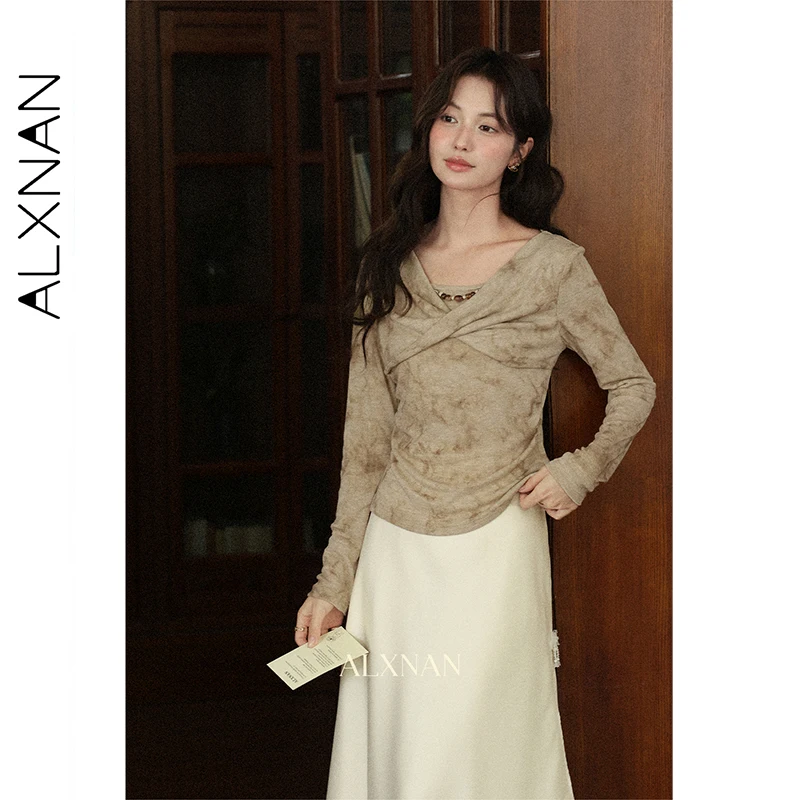 

ALXNAN Футболка цвета хаки, женская футболка с бантом и рюшами, облегающие осенние топы с длинными рукавами и v-образным вырезом, украшенные бисером, L57032