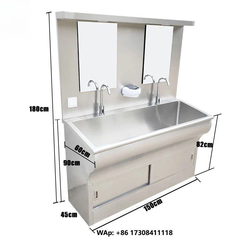 BT-WSK14 Bestran Stainless Steel Hand Washing Sink for Hospital With Inductive Tap and Mirror for Two Person