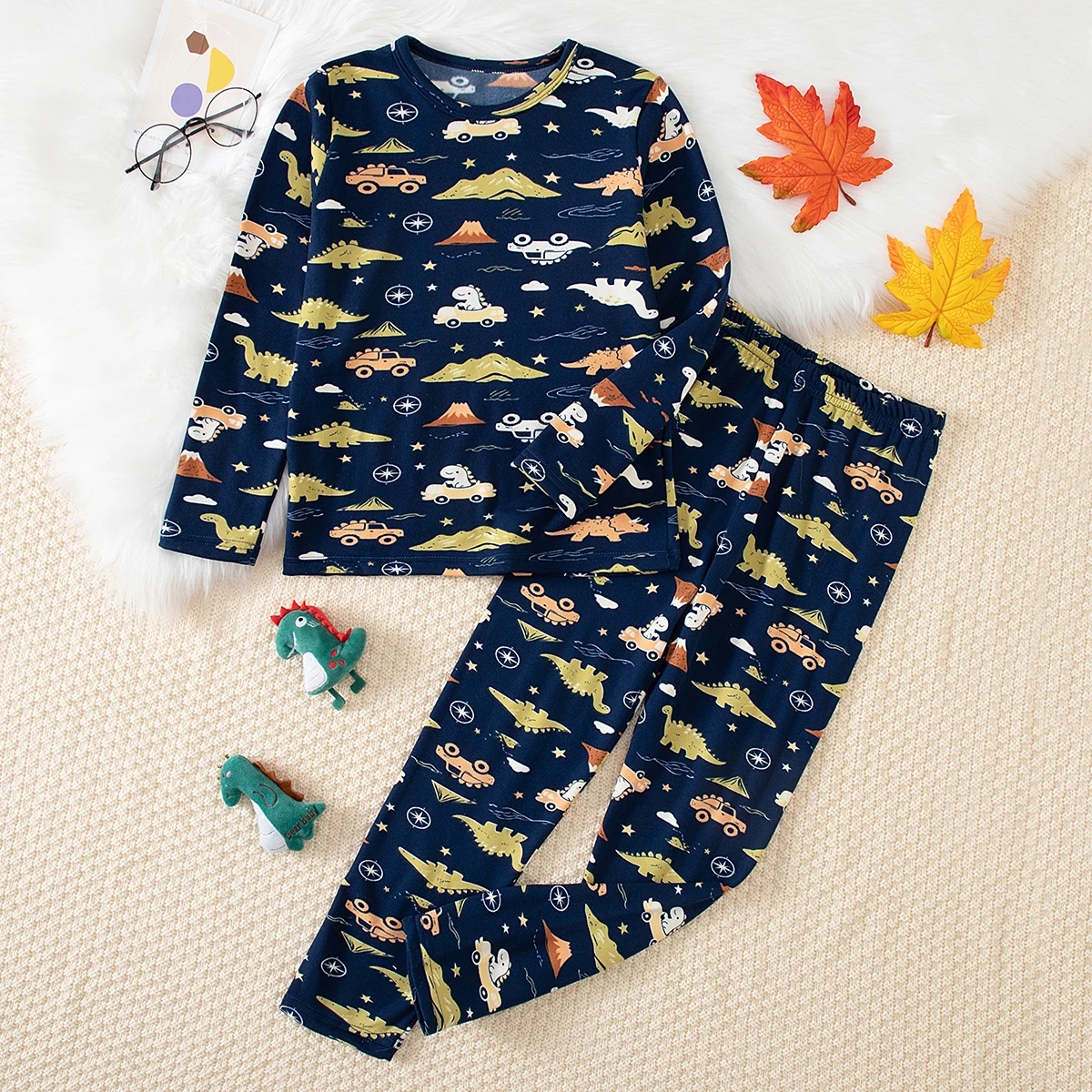 2-teiliges Herbst-/Winter-Set für Jungen mit Dinosaurier- und Autodesign, warmes Unterwäsche-Set, bequeme, dicke Schlafanzughose und Schlafhose. – Detail 3