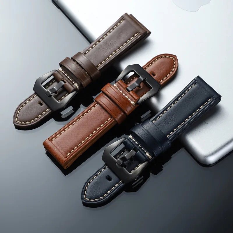 Pulseira de relógio de couro macio e grosso, 20mm 22mm 24mm 26mm para homens e mulheres, pulseira panerai luminor clássica simples à prova d'água