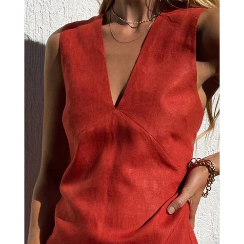 Imagen 2 del producto Vestidos de lino de algodón Para Mujer, vestido Sexy sin mangas con cuello en V, vestido básico sin mangas, Vestidos elegantes Para Mujer, Vestidos de verano en oferta Para Mujer