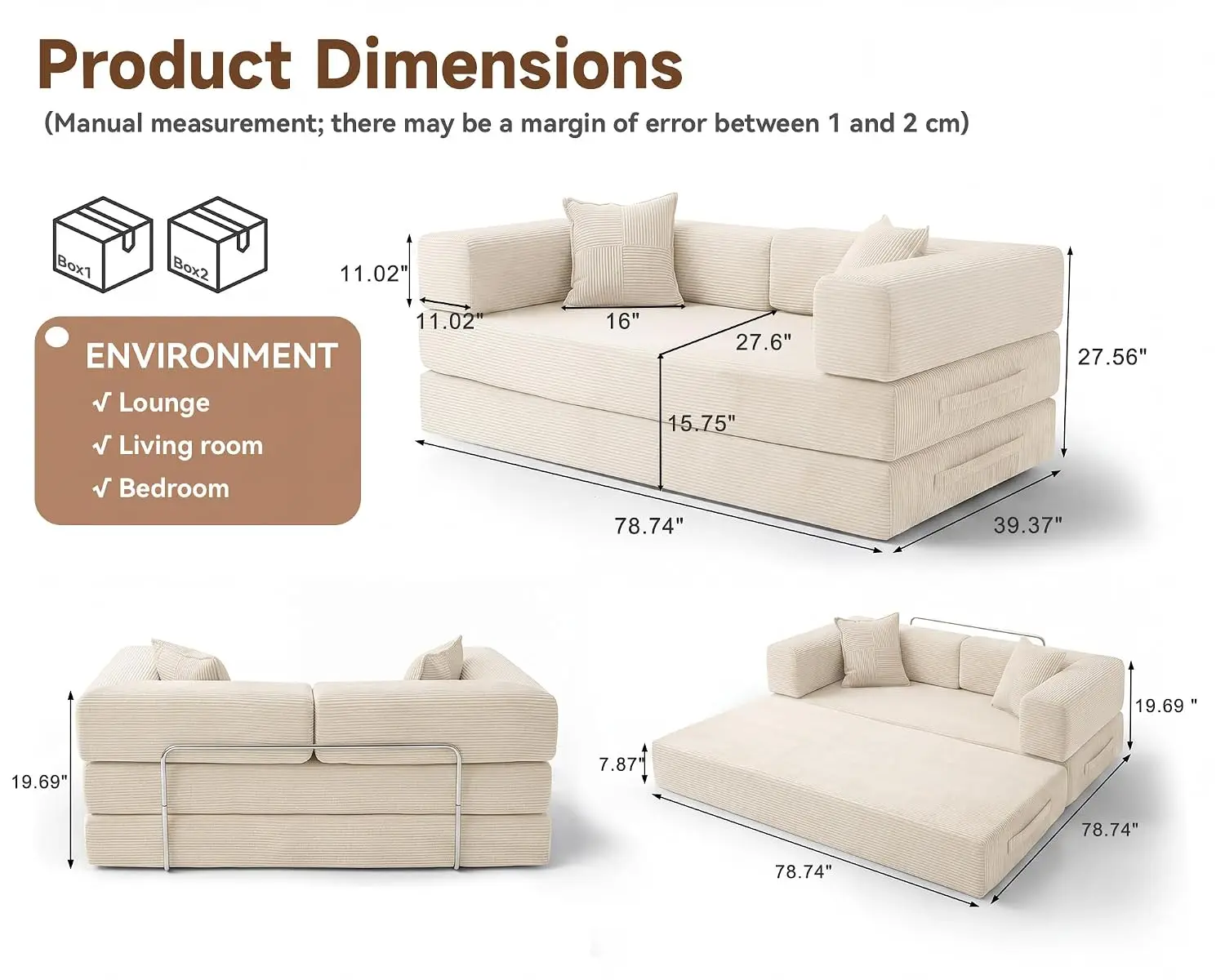 Convertible Sofa Bed 79in Foldable Sleeper With Pull Out Mattress, Customized