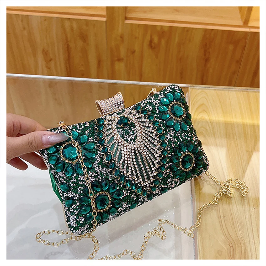 

European Style Rhinestone Banquet Bag for Women Fashion Retro Luxury Handbag Flower Pattern Chain Female Box Cross Body Bags