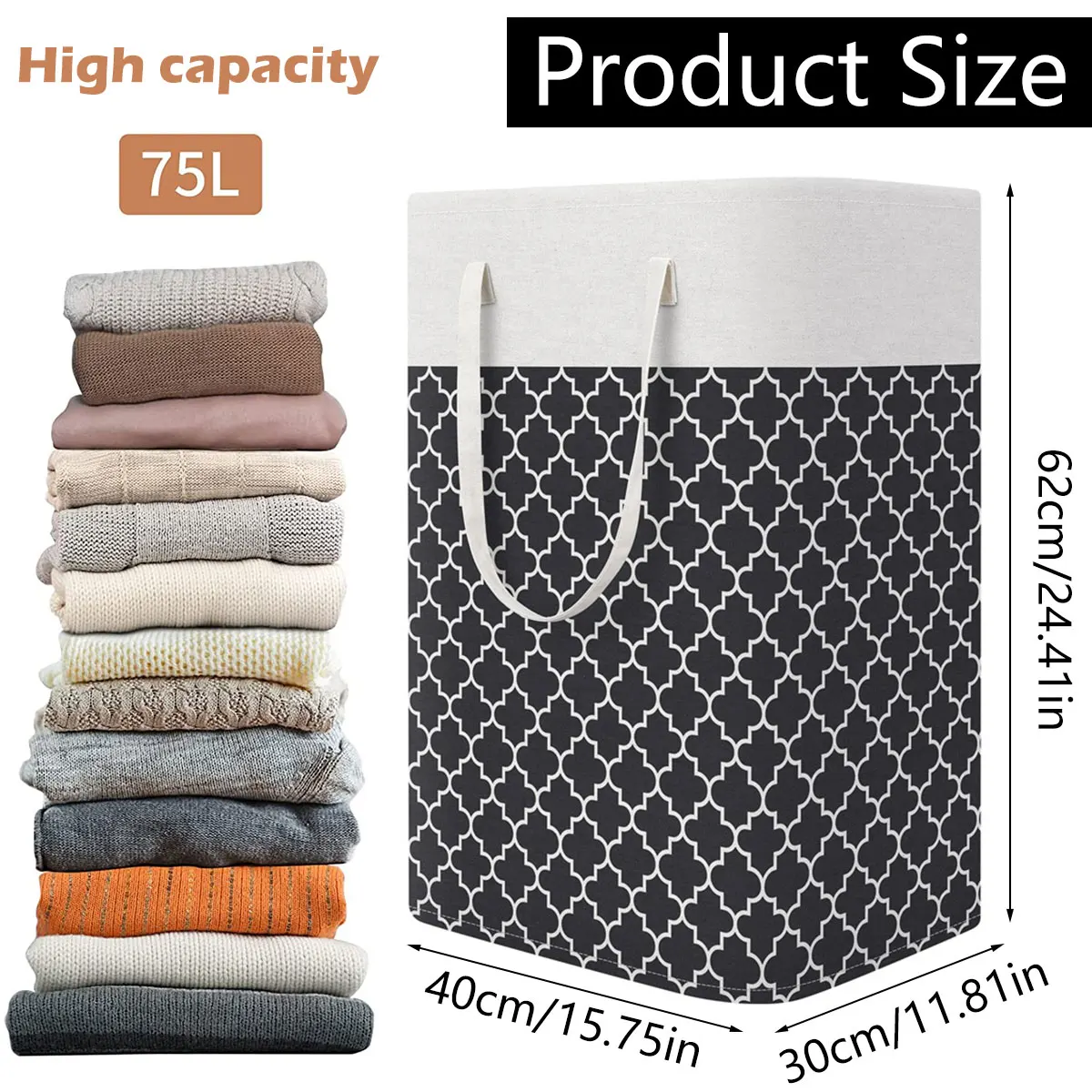 75 Large Capacity Laundry Basket Collapsible Laundry Storage Basket Waterproof Cotton Linen Laundry Hamper with Handles