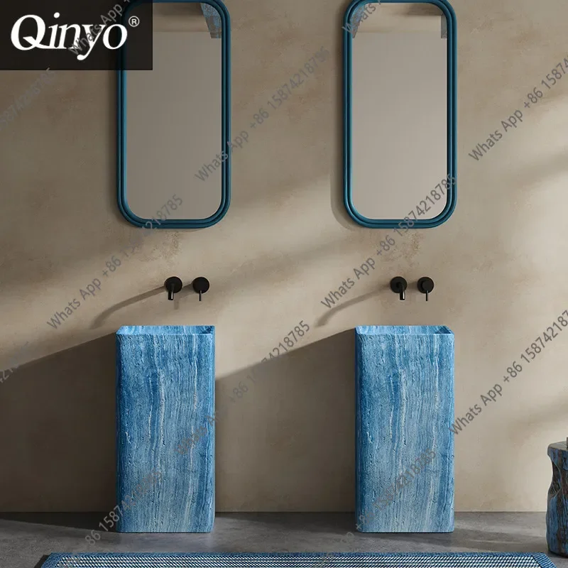 N64 Minimalist luxury stone wind column basin integrated floor blue art wash basin designer creative vertical wash basin
