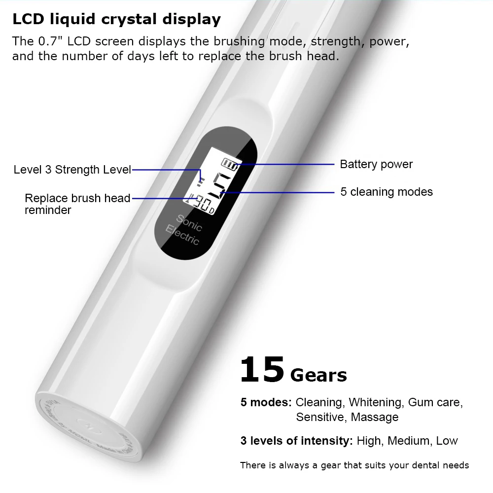Sonic Bàn Chải Đánh Răng Điện Có Màn Hình LCD Màn Hình Màu Chống Nước IPX7 15 Chế Độ Sạc Người Lớn Siêu Sonic Răng Bàn Chải Bộ