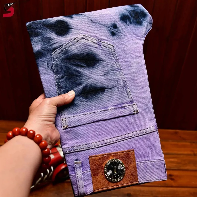 

Мужские джинсы с эффектом тай-дай фиолетового цвета, весна 2026, высокое качество, ретро-стиль, зауженный крой, облегающие, повседневные, универсальные, модные, для уличного стиля