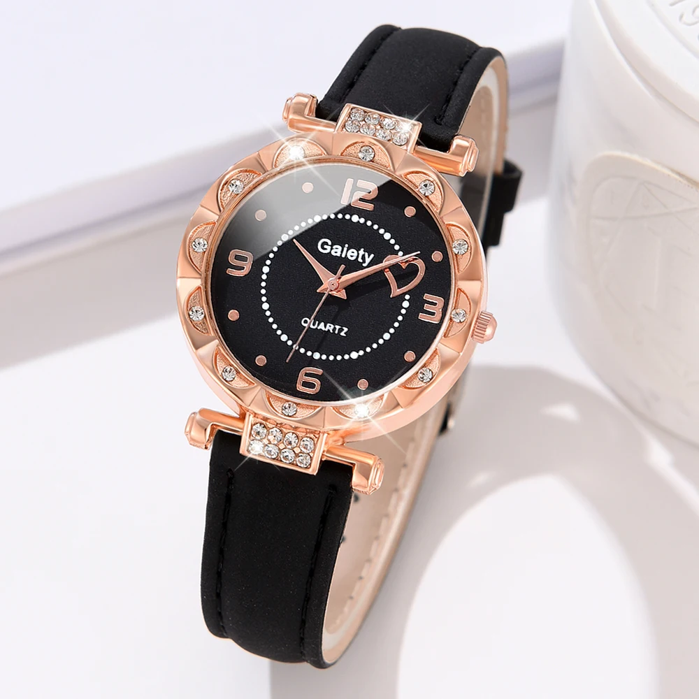 GAIETY Simple Luxury Love Element Leather Black Strap Watch Casual Fashion Quartz Watch Is The Perfect Gift For Her (No Box)