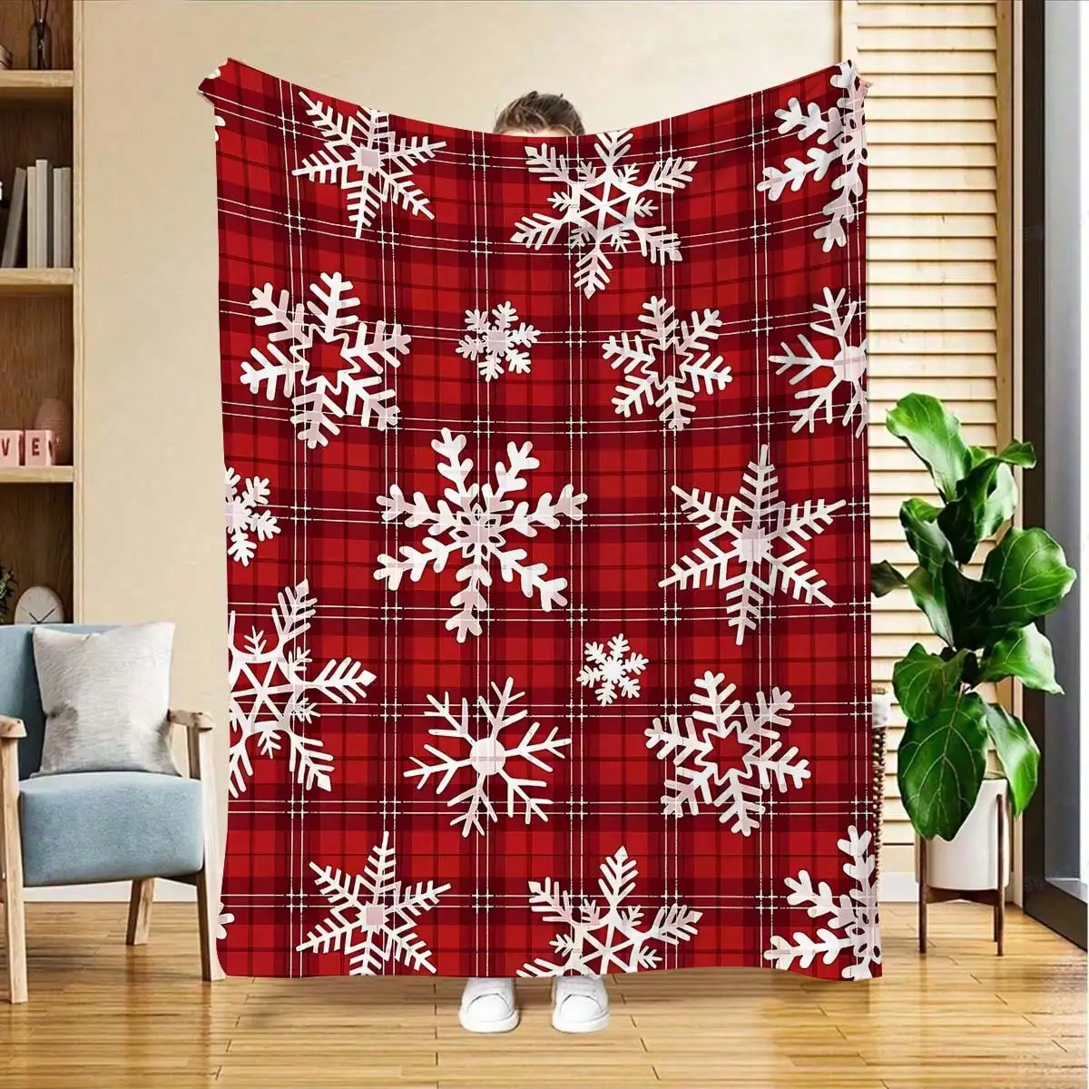 

Christmas red checkered, snowflake-like blanket, warm and comfortable high-definition digital printed flannel bedroom travel
