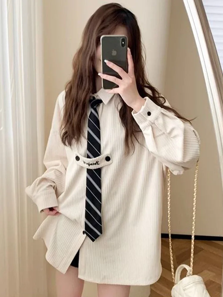 

Zoki Oversize Tie Corduroy Shirts Women Vintage Korean Long Sleeve Loose Blouse Spring Elegant Solid Design Female Casual Tops