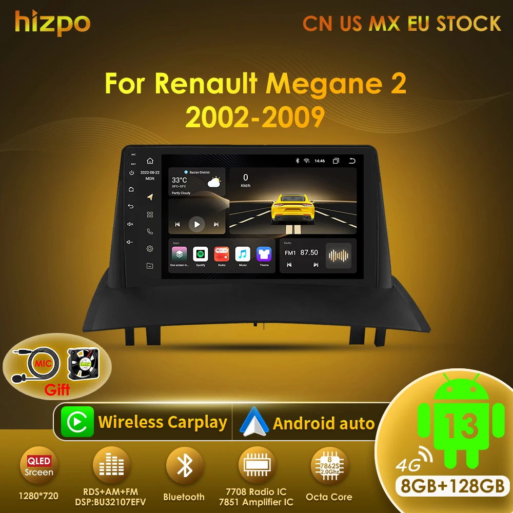 Hizpo Android 13 Carplay Auto Car Radio For Renault Megane 2 2002-2009 Multimedia Video Player 2Din Navigation WIFI Autoradio