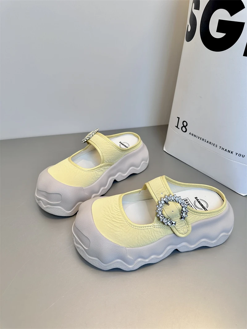 

Diamond Mary Jane Wrap Toe Summer New Large Head Velcro Sandals Women's Thick Soles Rhinestone Half Slippers Outdoor Shoes
