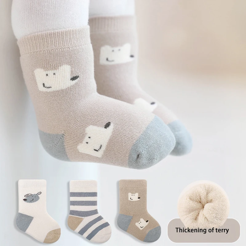 3 Pairs/set Thickened Terry Baby Socks New Autumn Winter Newborn Toddler Kid Soft Mid Sock Cotton Girl Boy Boneless Socks 0-5Y