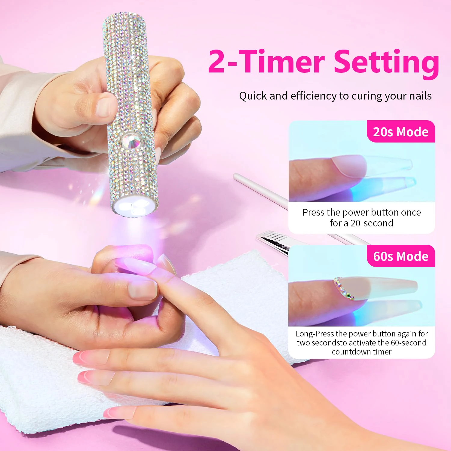 Lampe à ongles UV portative en strass, réglage à 2 minuteries (20s/60s), batterie de 250 mAh pour une utilisation en 15 jours, sèche-ongles en gel rechargeable portable