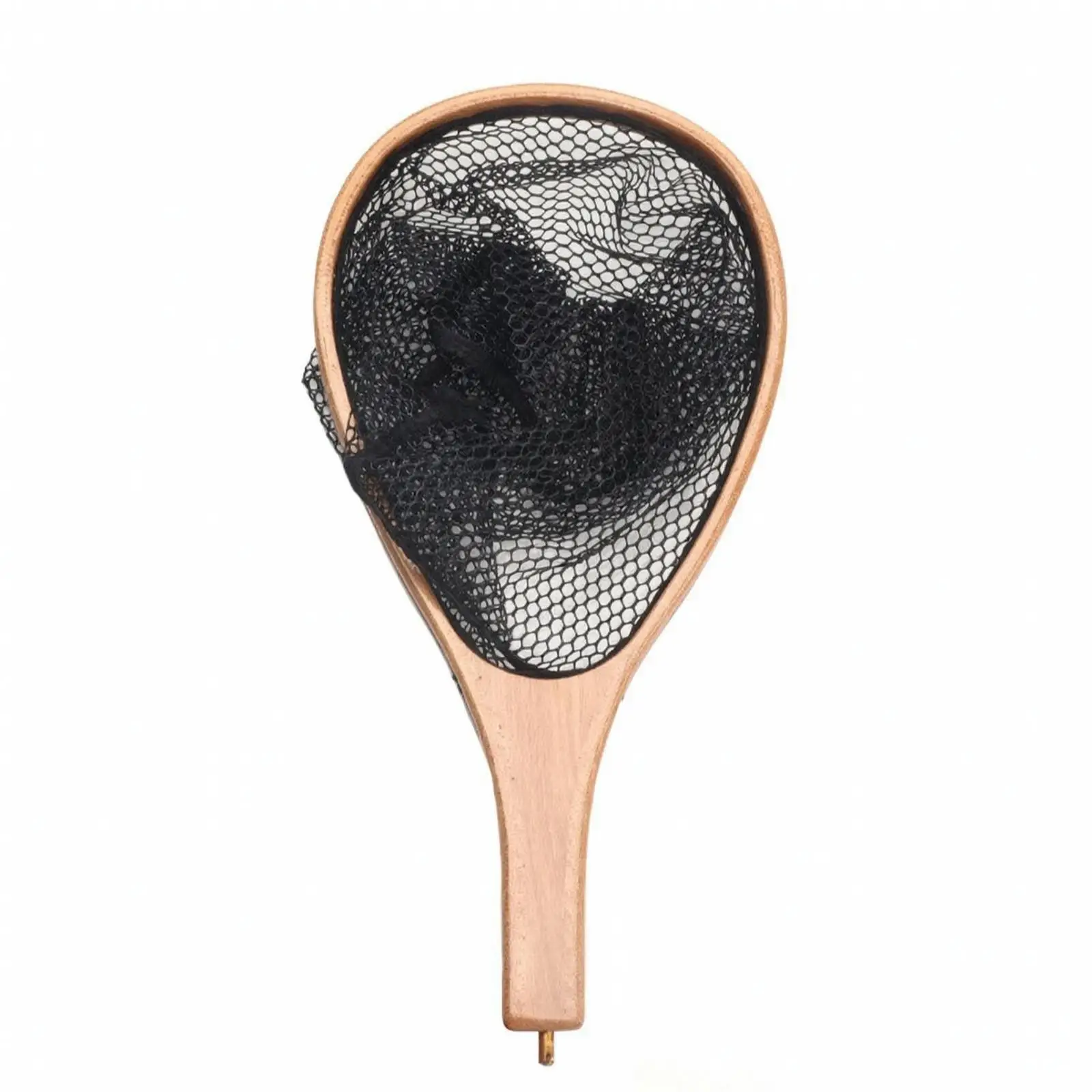 Trout Landing Net Fly Fishing Wooden Frame Coated Nylon Fine Mesh Lightweight Catch Release Net with Lanyard for River Fishing