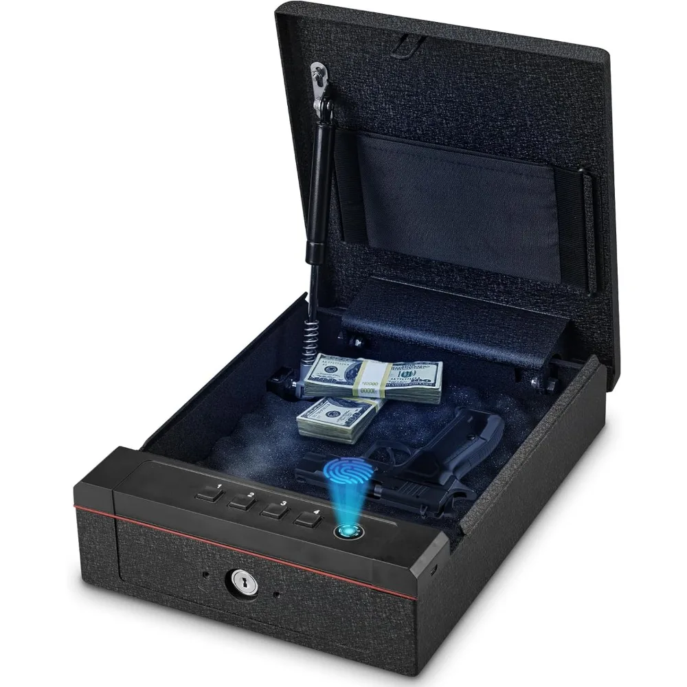 

Биометрический сейф для пистолета с отпечатками пальцев, трехсторонний быстрый замок для пистолетов с ключами, клавиатурой, портом USB-C и светодиодной подсветкой, B