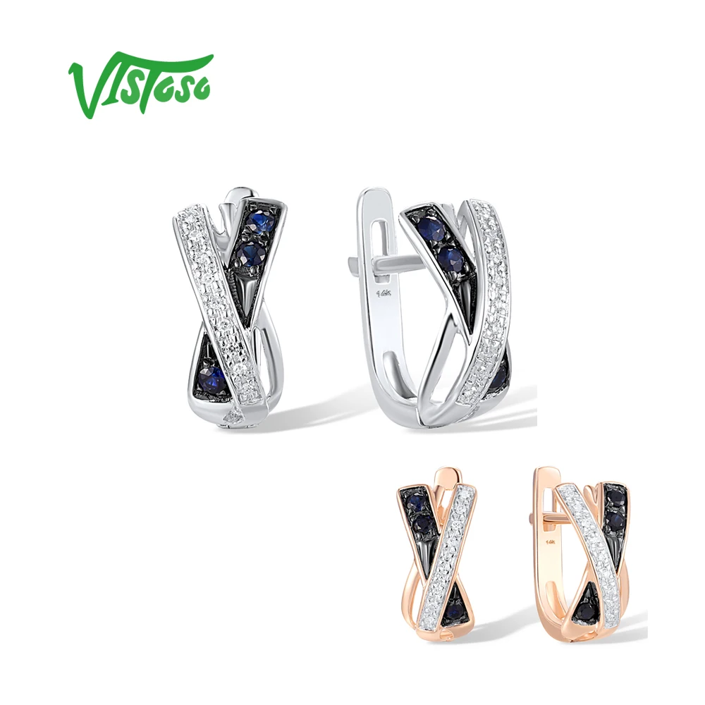 VISTOSO Genuine 14K 585 Rose White Gold Earrings For Women Sparkling Diamond Blue Sapphire Cross Trendy Fashion Fine Jewelry