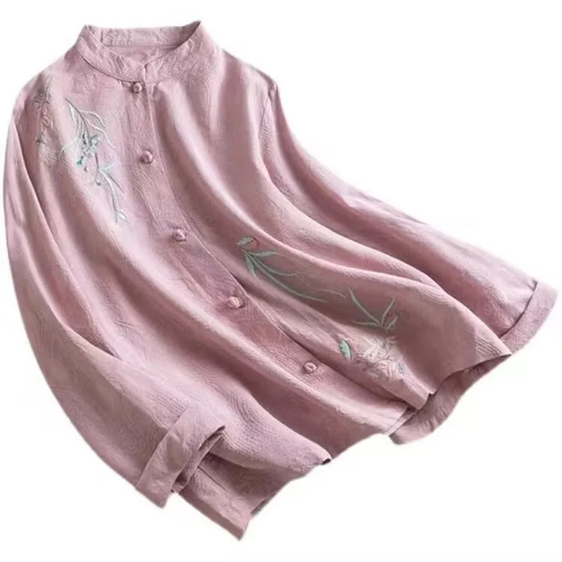 Kemeja Lengan Panjang Bordir Gaya Cina Wanita Katun Linen Kerah Tegak Pakaian Teh Vintage Kasual Atasan Wanita Hanfu
