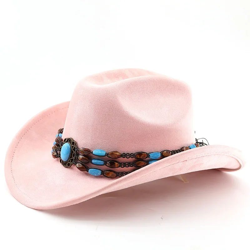 Western-Cowboyhut aus Wildleder zum Reiten für Männer und Frauen, Outdoor-Reisehut mit gerollter Krempe, Zylinderhut im Ethno-Stil, Filzhut – Detail 5