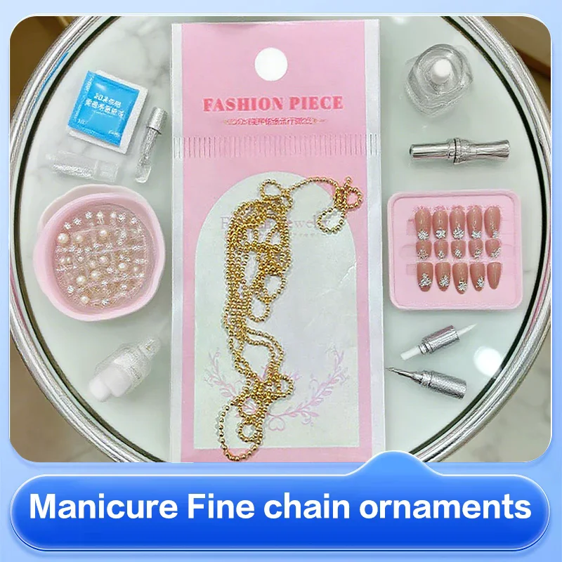 50cm 0.8mm 1.0mm Gold Silver Nail Bead Chain Charm Ellipse Stone Nail Art Decorations Giltter Metal Steel Ball Jewelry Accessory