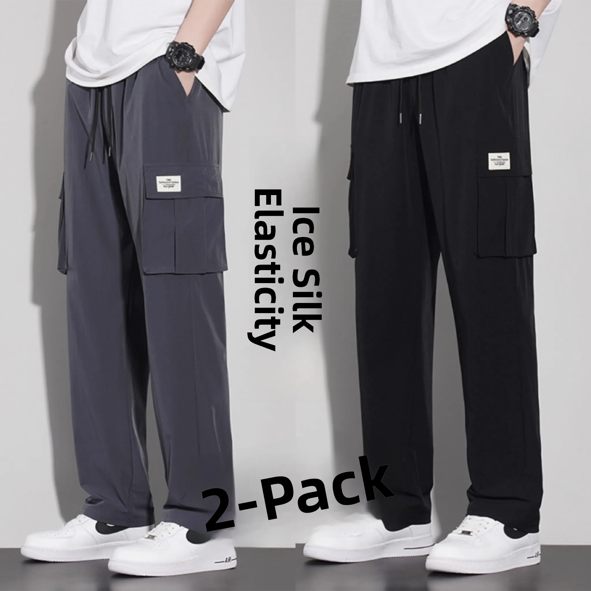 2025年新作 メンズ アイスシルク 速乾 薄手 ゆったり ワークパンツ カジュアル レジャー 多ポケット スポーツパンツ 夏服 ポリエステル繊維