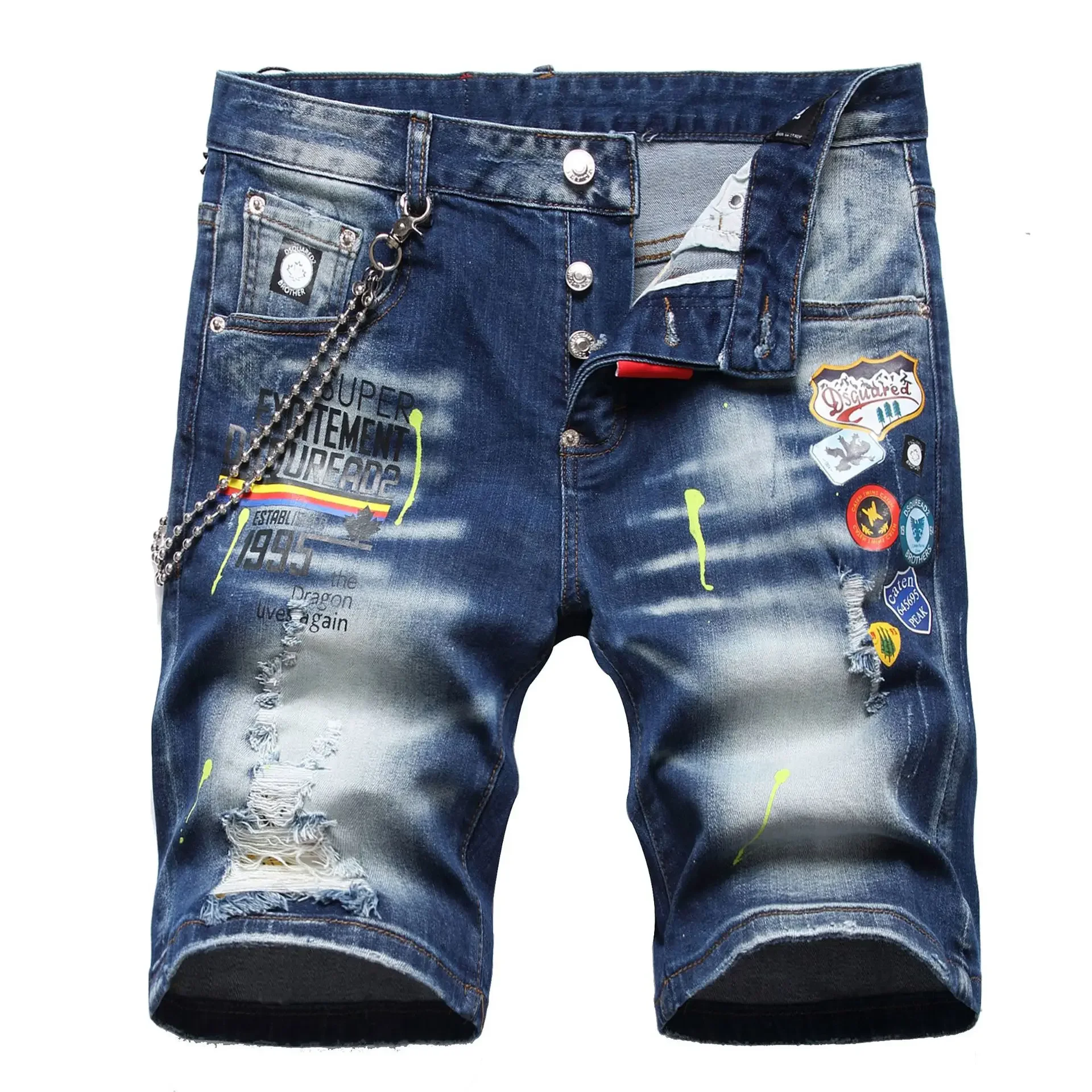 Summer new ripped stretch embroidered multi-badge football team theme five-point denim pants