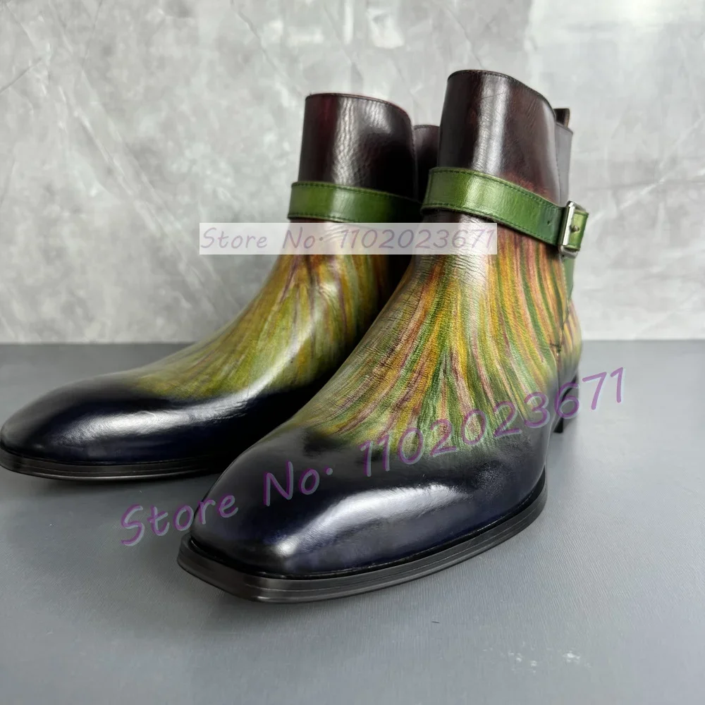 Men\'s Green Calf-Skin Leather Jodhpur Boots Polished Color Buckle Strap Party Shoes Fashion Slip On Gentleman Chelsea Boots