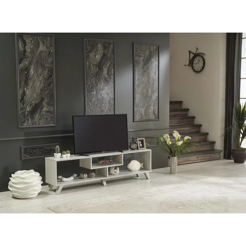 حامل تلفزيون حديث لمنتصف القرن مع رفوف مفتوحة، وحدة مركز ترفيهية مقاس 67 بوصة، رمادي