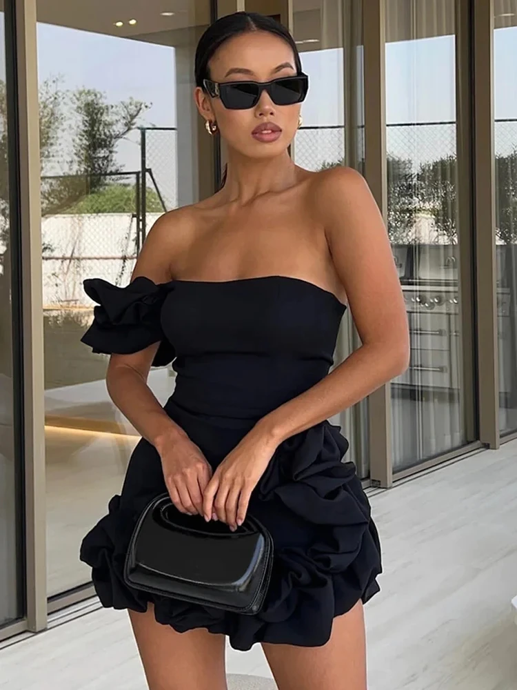 2024 Women Summer Sexy One Shoulder Sleeveless Slim Ruched Ruffles Black Dress Evening Stage Performance Dress Vestido