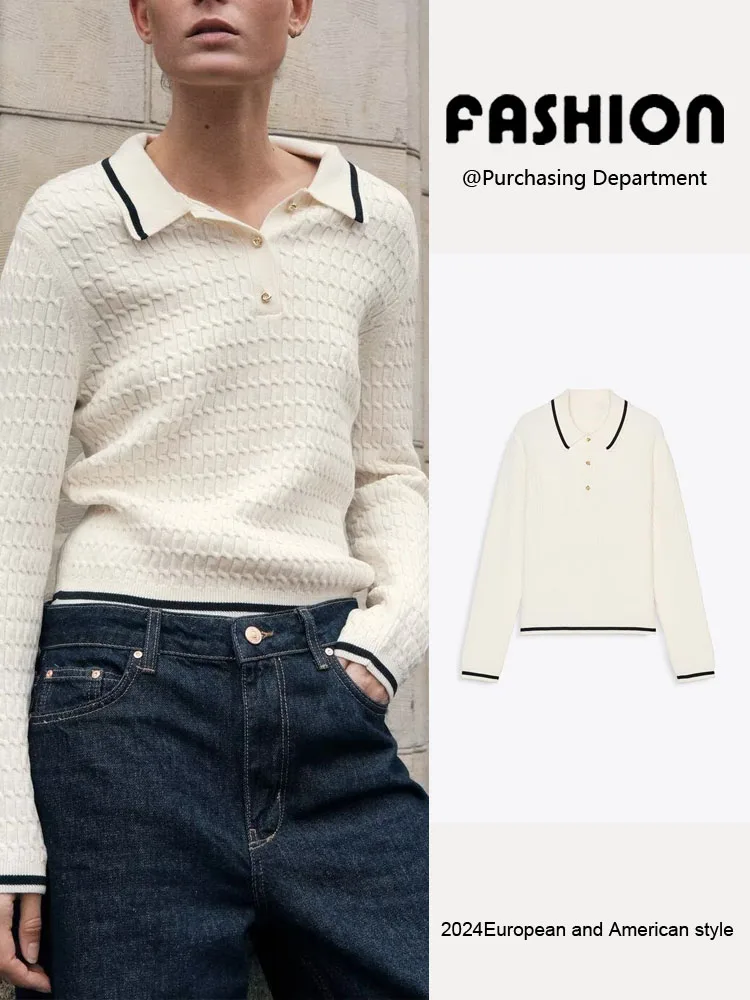 Printemps nouveauté femmes tricoté Long Sve irt col huit brins tissé Simple polyvalent couleur Blo trajet Sle