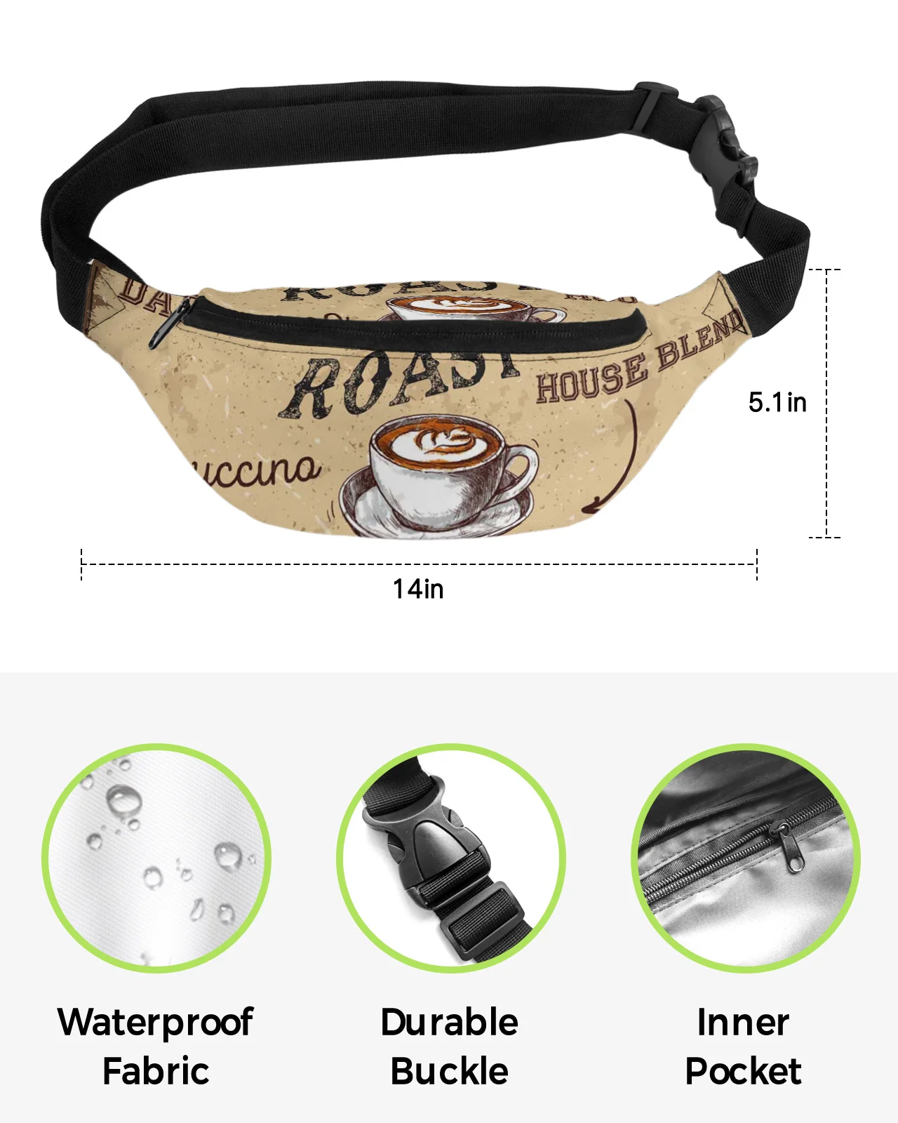 Coffee Retro Style Cappuccino Men Women Waist Bag Fanny Pack Purse Large Phone Belt Bag Wallet Pouch Waterproof Banana Hip Bags