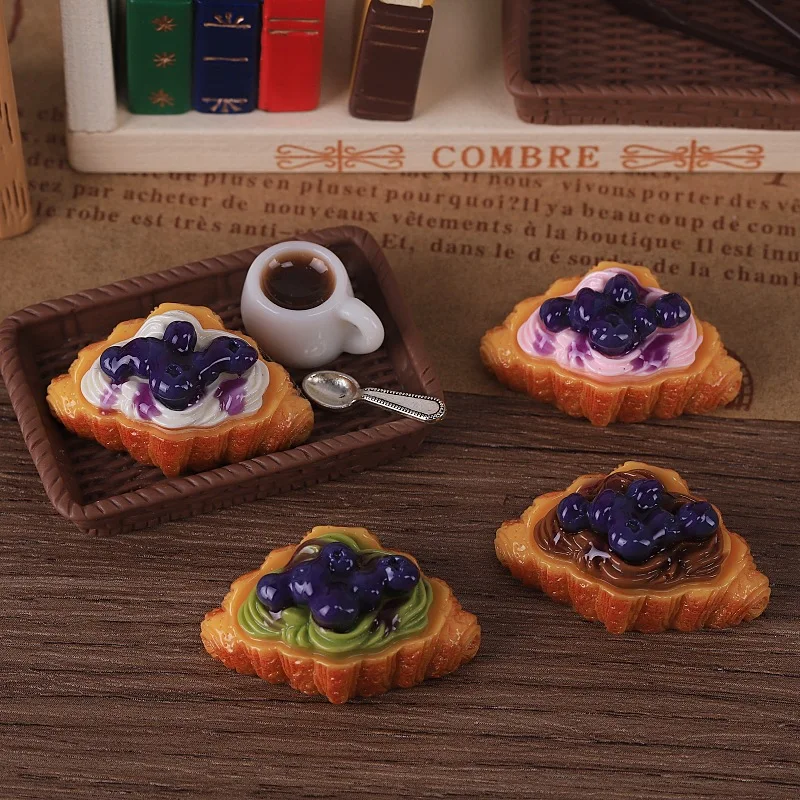3pcs Mini Blueberry Cream Croissant Resin Miniature Food Play DIY Cake Dessert Simulation Handmade Material Cute Food Decoration