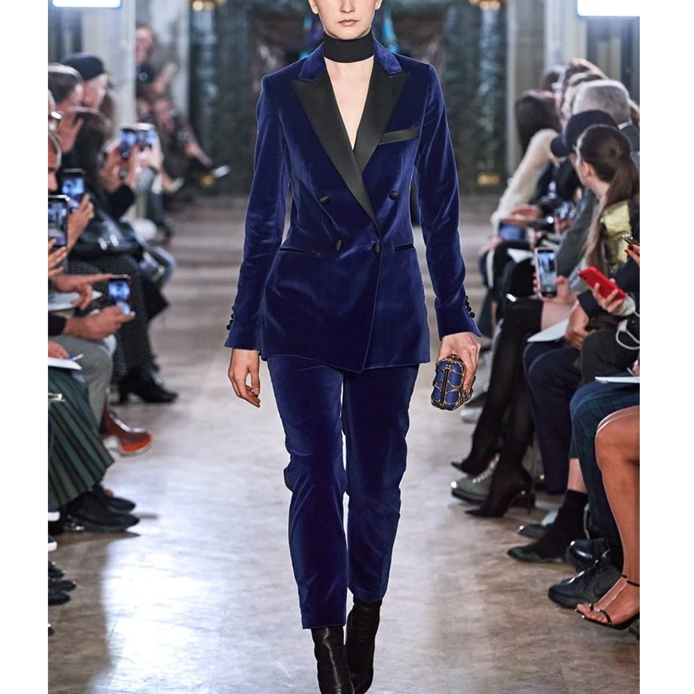 

Элегантный бархатный костюм из двух предметов для женщин, стильный шикарный женский наряд с пиковыми лацканами, двубортный деловой комплект Autumu (пиджак + брюки)