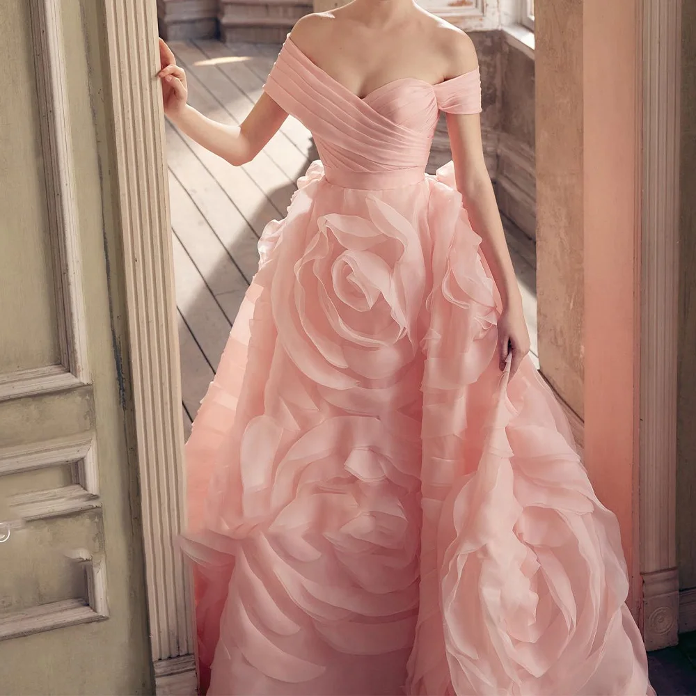 Exquisite Pink A-Line Off the Shoulder Organza Evening Dresses Lace Up Back Floor Length Delicate Strapless Sleeveless Pleats