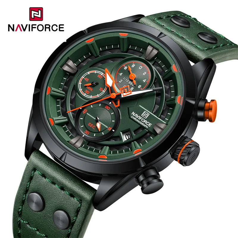 

Часы наручные NAVIFORCE Мужские кварцевые, Роскошные водонепроницаемые деловые повседневные светящиеся с кожаным ремешком, с хронографом и датой