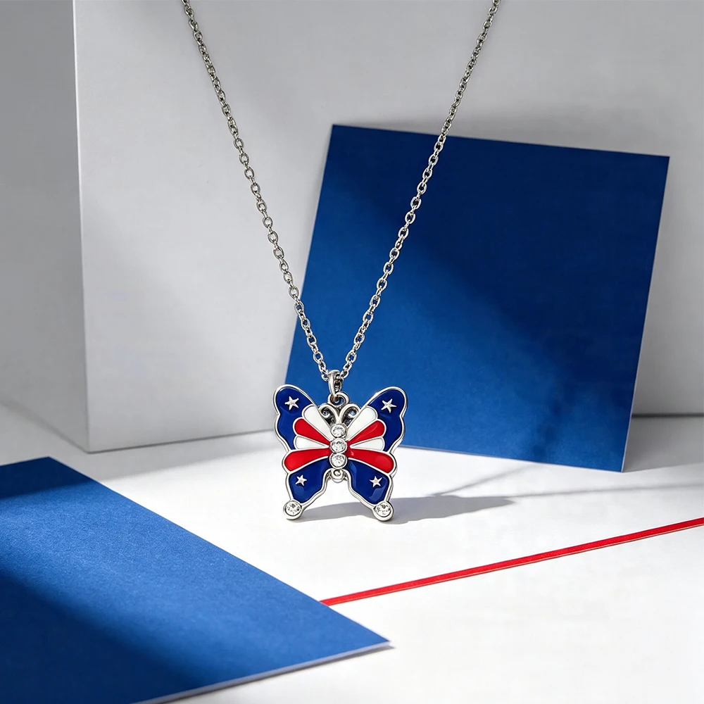 American Independence Day Butterfly Star and Stripe Flag Rhinestone Necklace, Patriotic Enamel Choker, Versatile Holiday Pendant Necklace