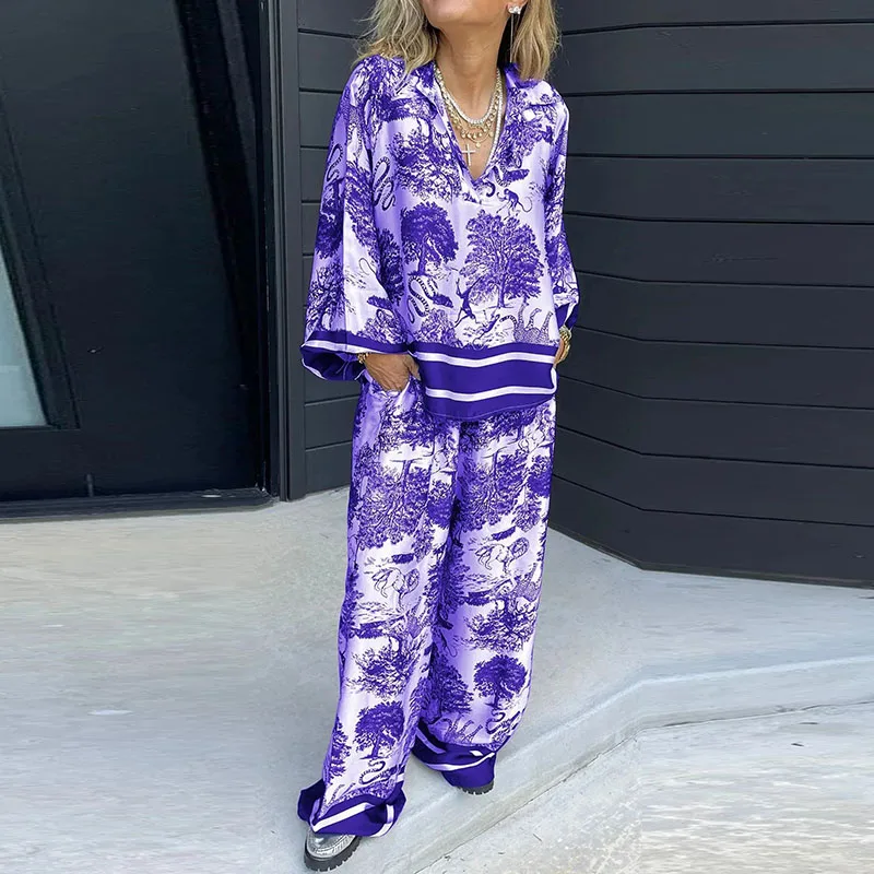 Casual Pattern Printed Bohemian Women's Outfits Fashion High Street Loose Sets Elegant V-neck Long Sleeved Top and Pants Suits